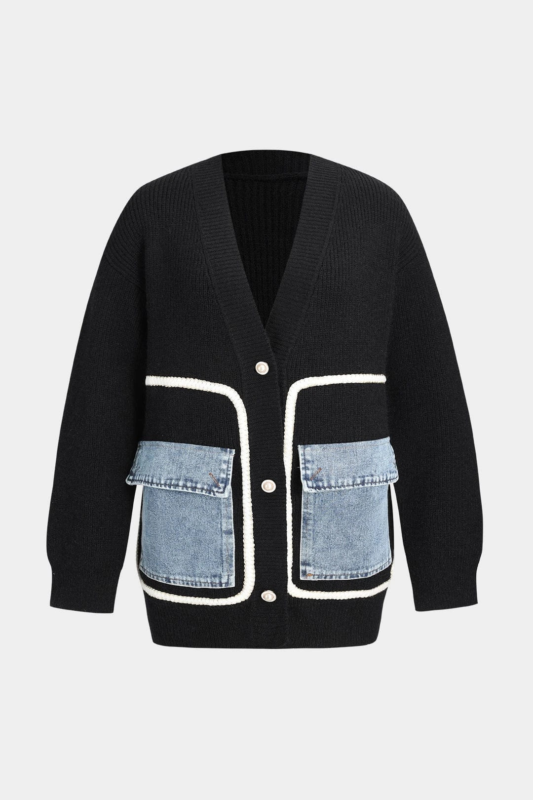 Black knitted cardigan with denim pocket detail, front view