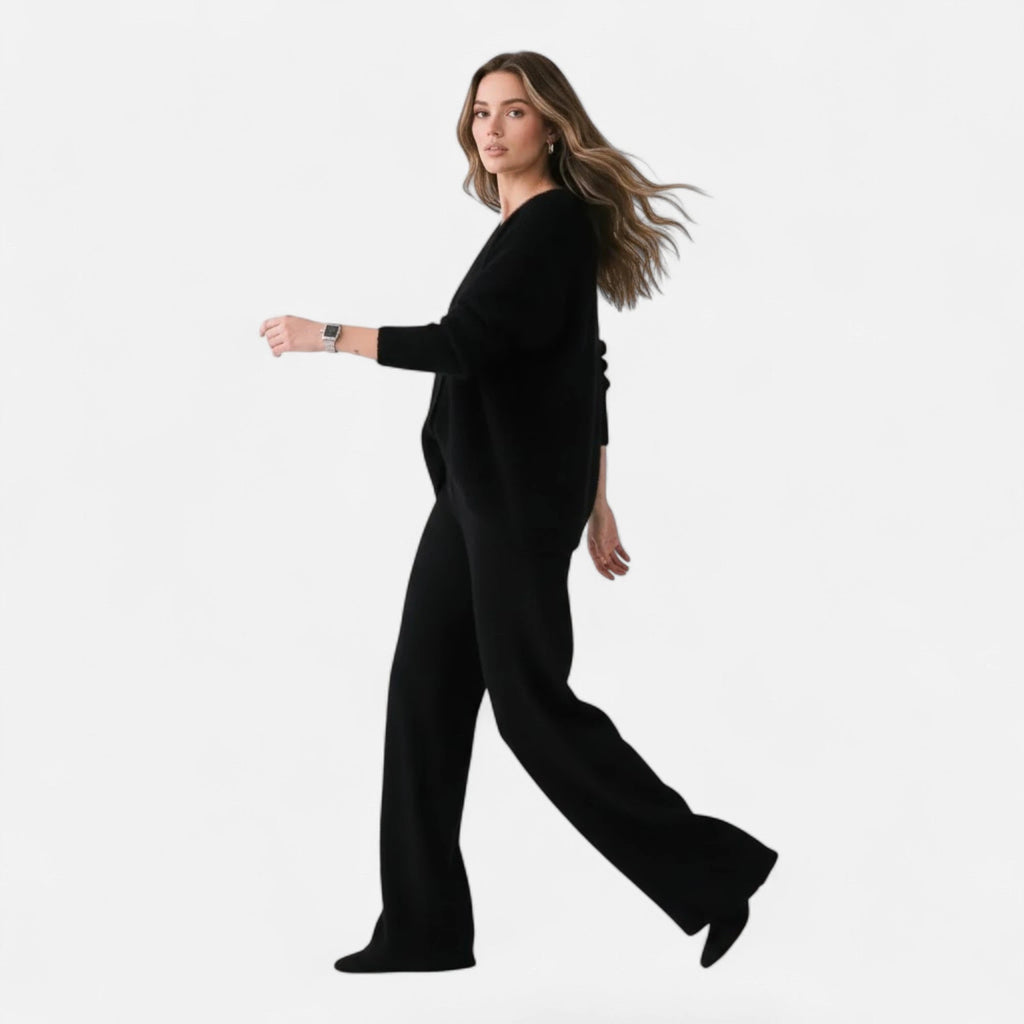 Black knit cardigan worn by model