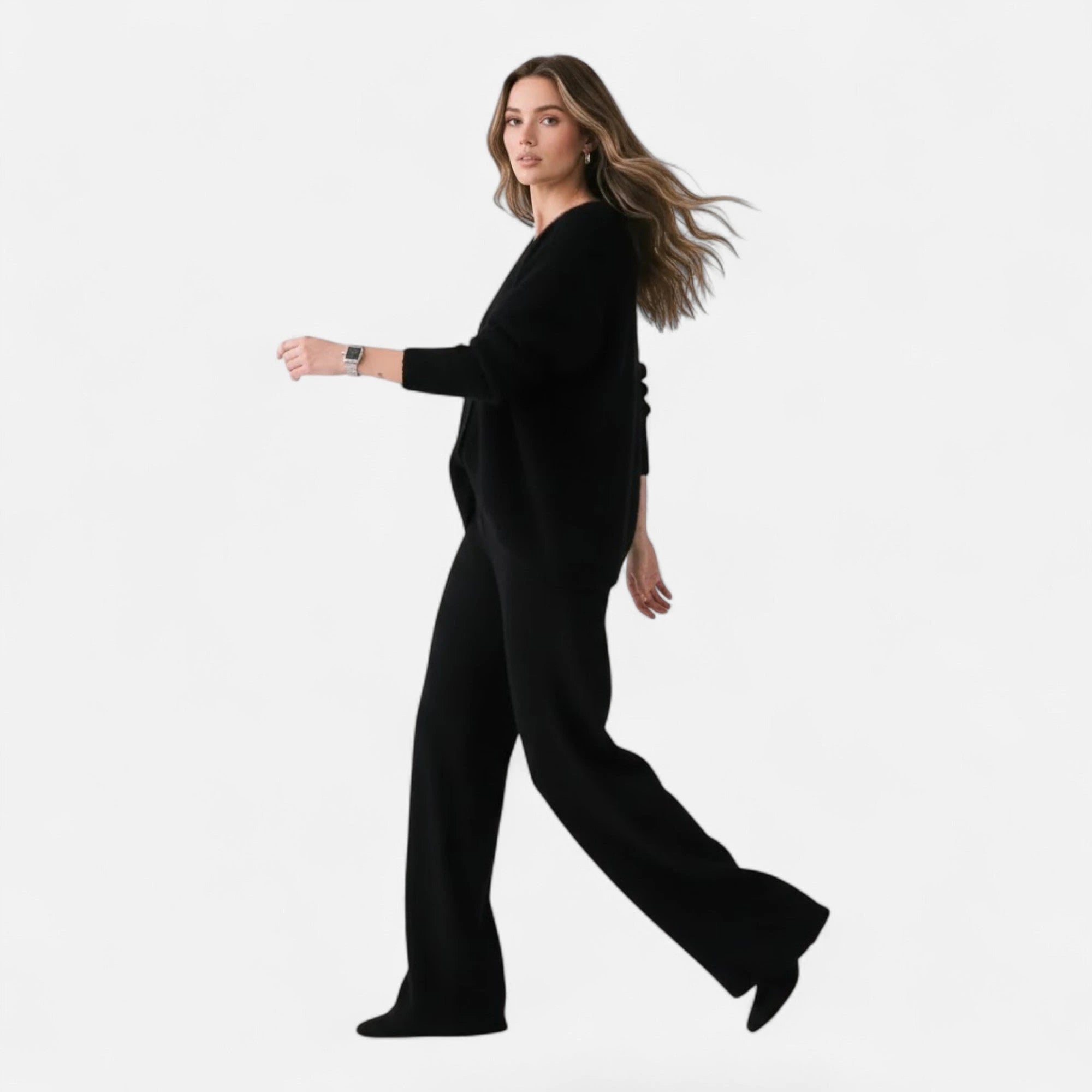 Black knit cardigan worn by model