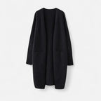 Black long open-front cardigan flat lay
