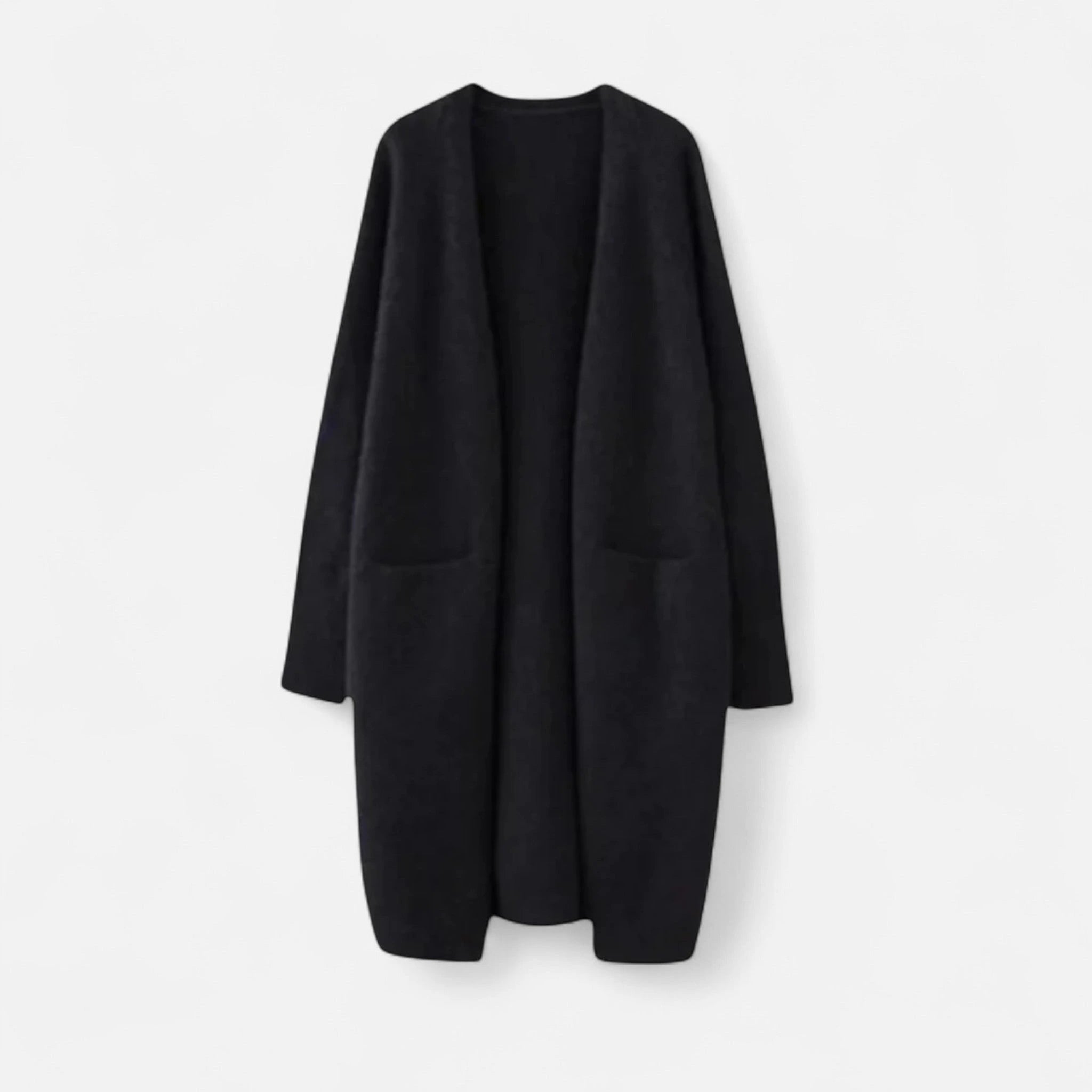 Black long open-front cardigan flat lay