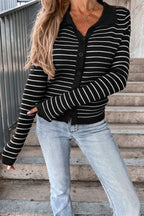Black striped ribbed cardigan with polo collar, long sleeves, button front