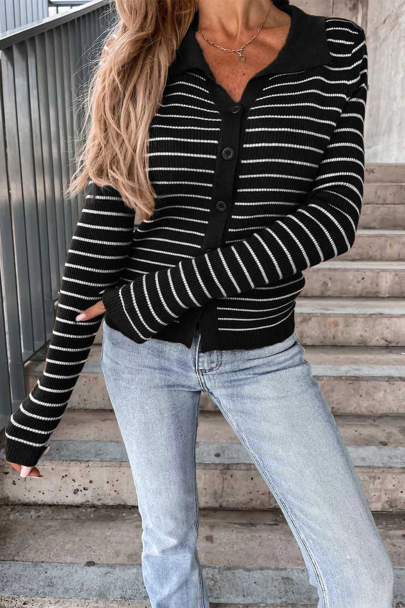 Black striped ribbed cardigan with polo collar, long sleeves, button front