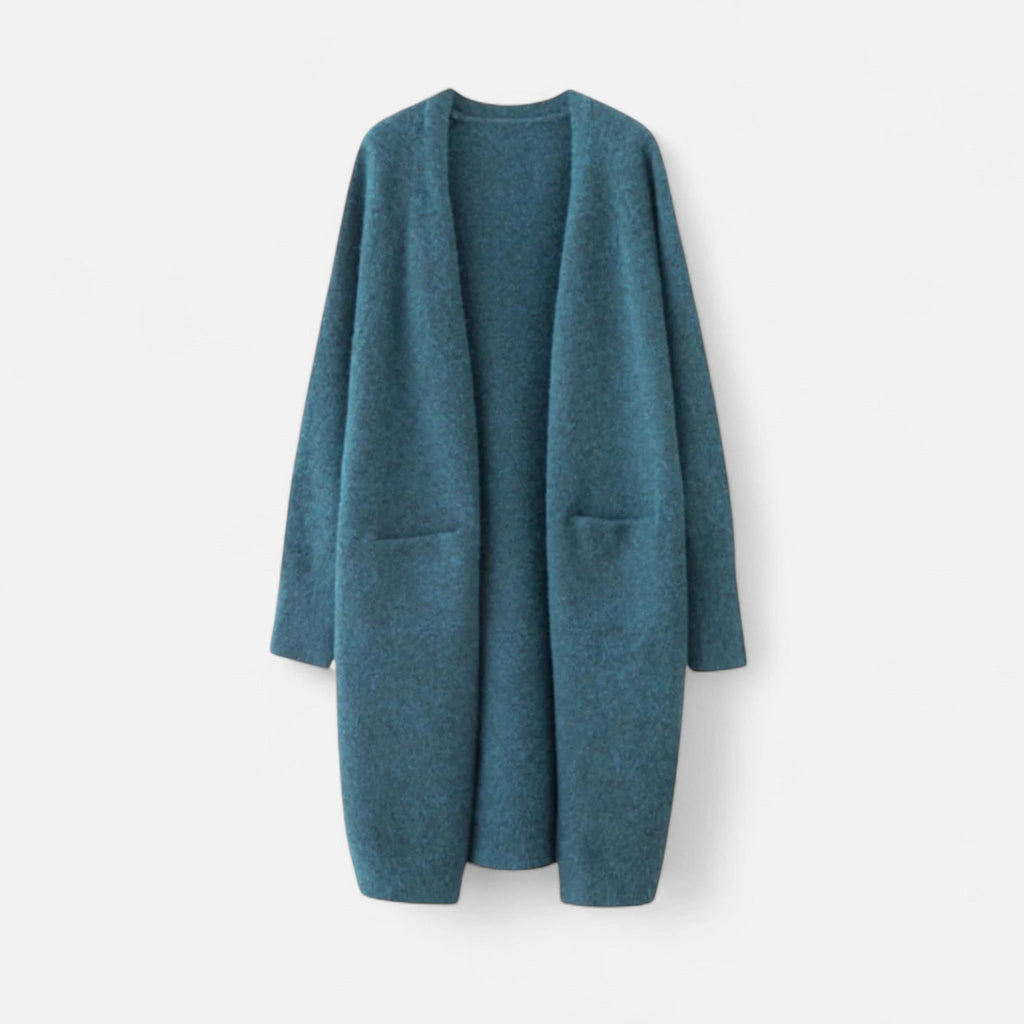 Blue long open-front cardigan flat lay
