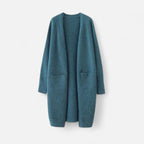 Blue long open-front cardigan flat lay