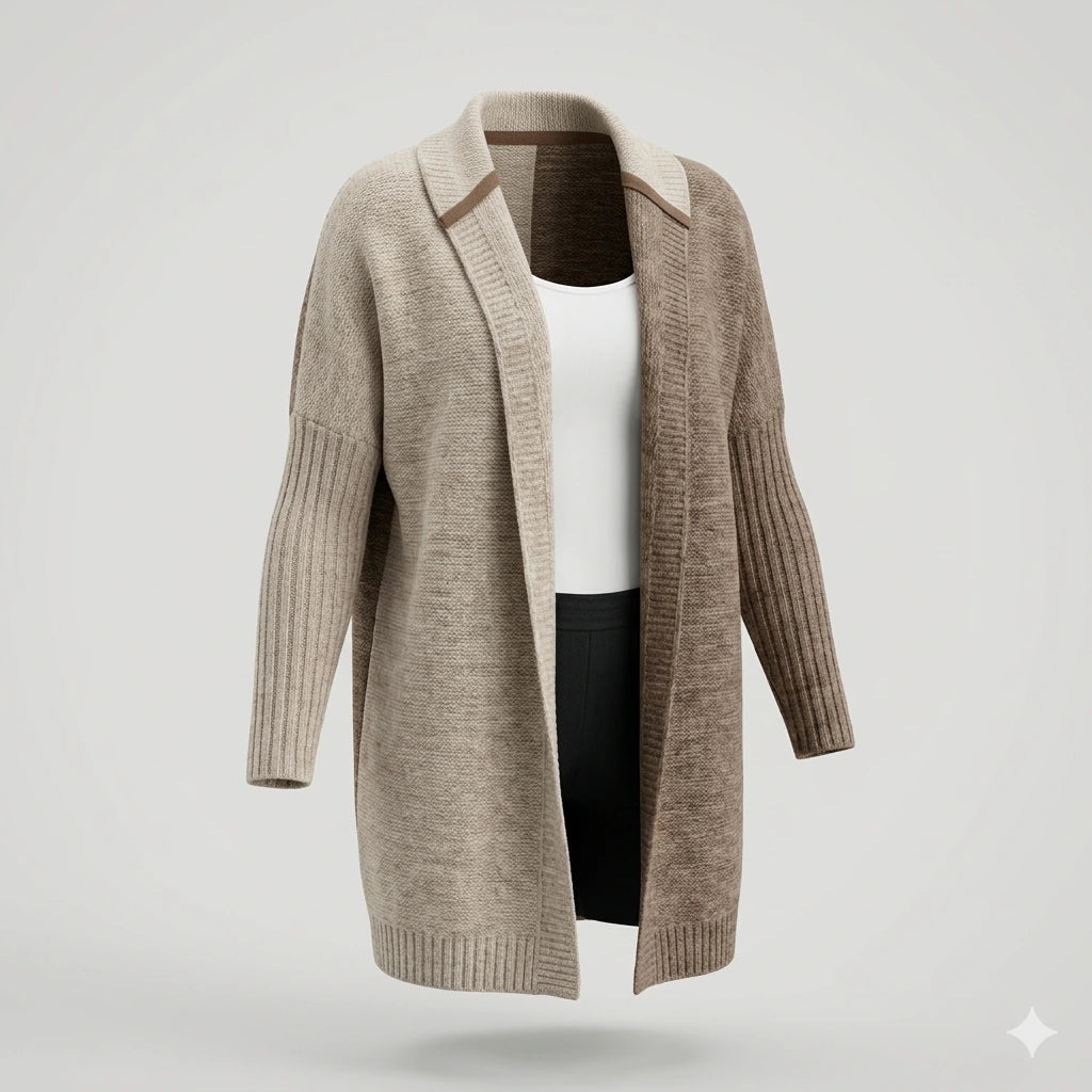 Brown longline hooded cardigan, product flat view