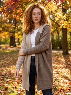 Brown longline hooded open knit cardigan, outdoor autumn park setting