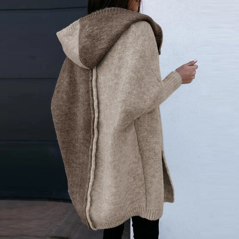 Brown longline hooded cardigan, side view showing hood