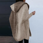 Brown longline hooded cardigan, side view showing hood