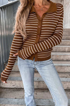 Brown striped ribbed cardigan with polo collar, long sleeves, button front