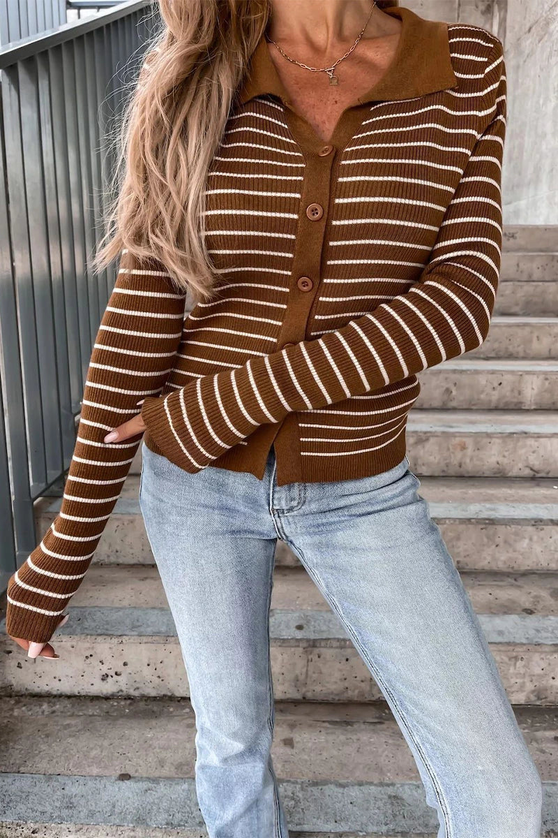 Brown striped ribbed cardigan with polo collar, long sleeves, button front