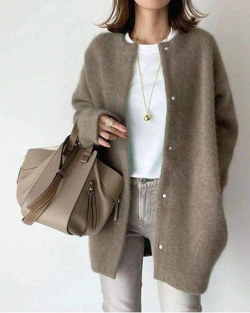 Driftly coffee wool mohair blend oversized cardigan on model