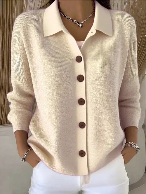 Driftly collared button-front cardigan in beige, front view