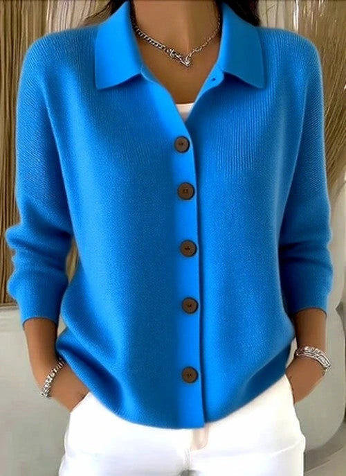 Driftly collared button-front cardigan in blue, front view