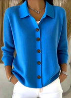 Driftly collared button-front cardigan in blue, front view