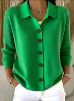 Driftly collared button-front cardigan in green, front view