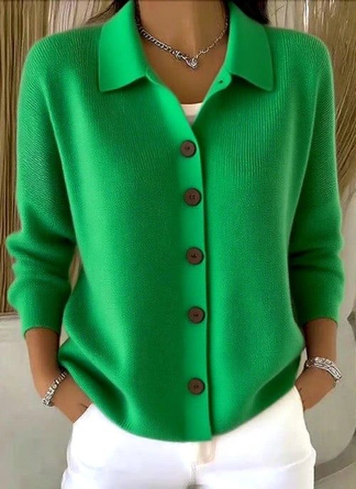 Driftly collared button-front cardigan in green, front view