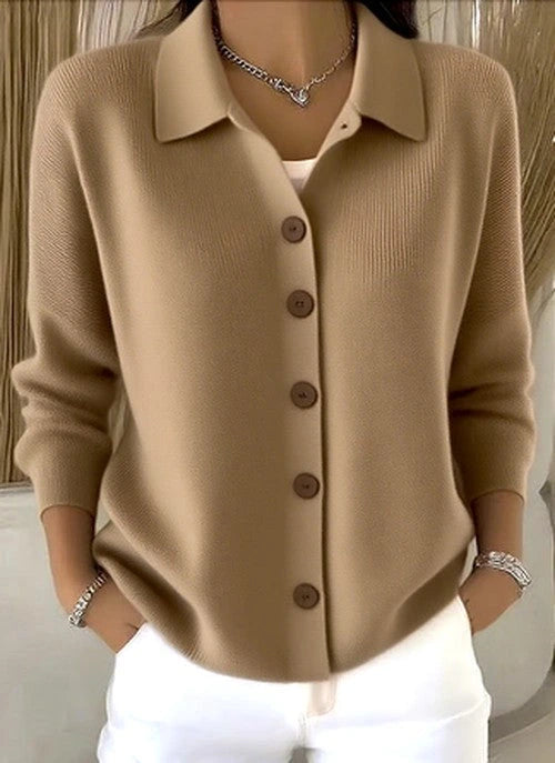 Driftly collared button-front cardigan in khaki, front view