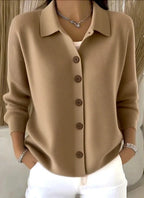 Driftly collared button-front cardigan in khaki, front view