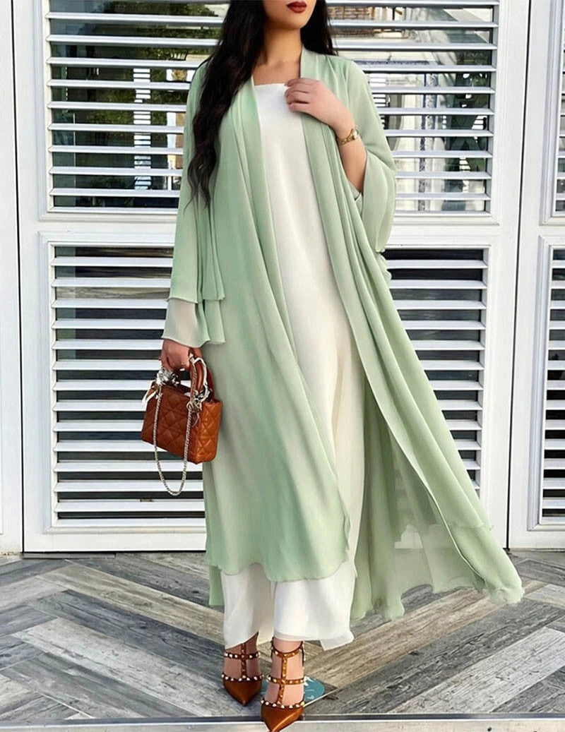 Green sheer chiffon open front long cardigan on model