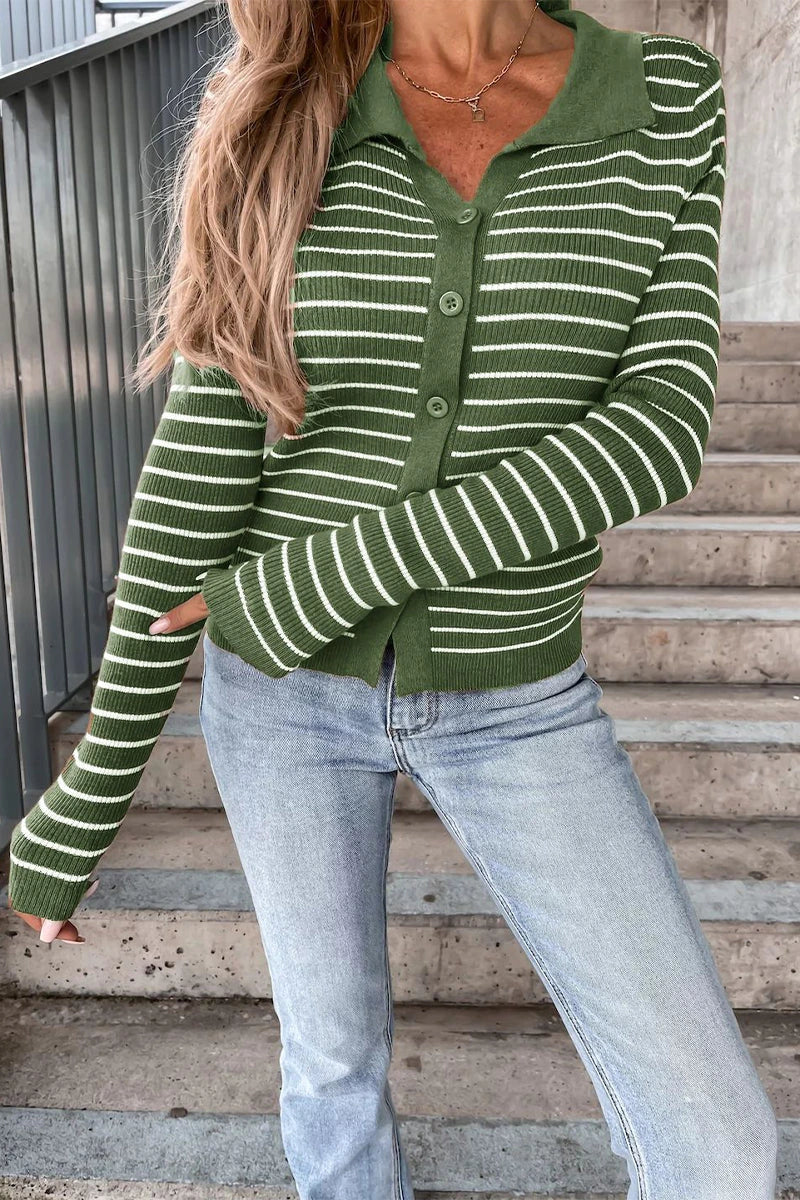 Green striped ribbed cardigan with polo collar, long sleeves, button front