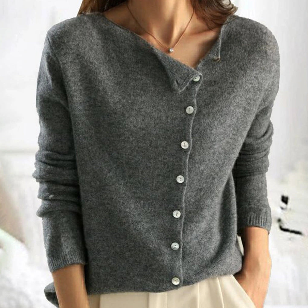 Grey asymmetric button-front knit cardigan on model