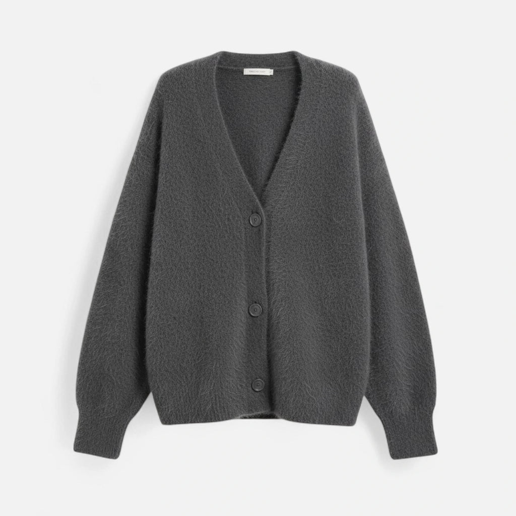 Grey V-neck buttoned cardigan, flat lay
