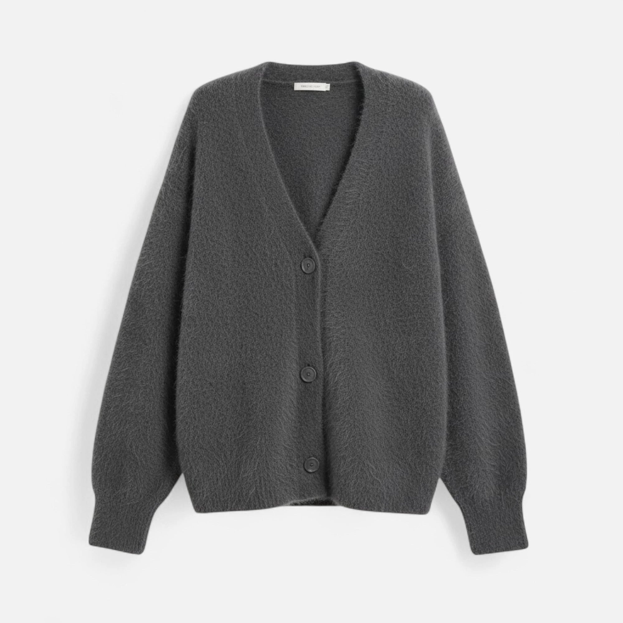 Grey V-neck buttoned cardigan, flat lay