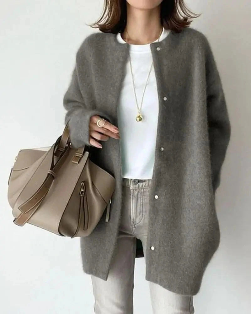 Driftly grey wool mohair blend oversized cardigan on model