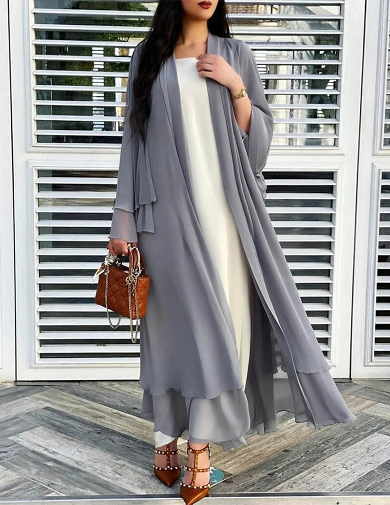 Grey sheer chiffon open front long cardigan on model