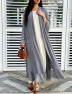 Grey sheer chiffon open front long cardigan on model