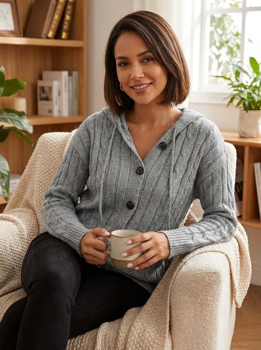 Woman wearing grey hooded button-up cable knit cardigan, studio portrait