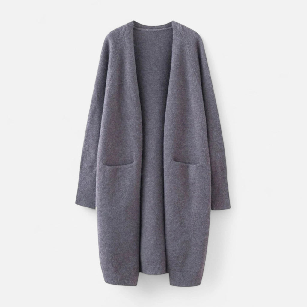 Grey long open-front cardigan flat lay