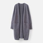 Grey long open-front cardigan flat lay