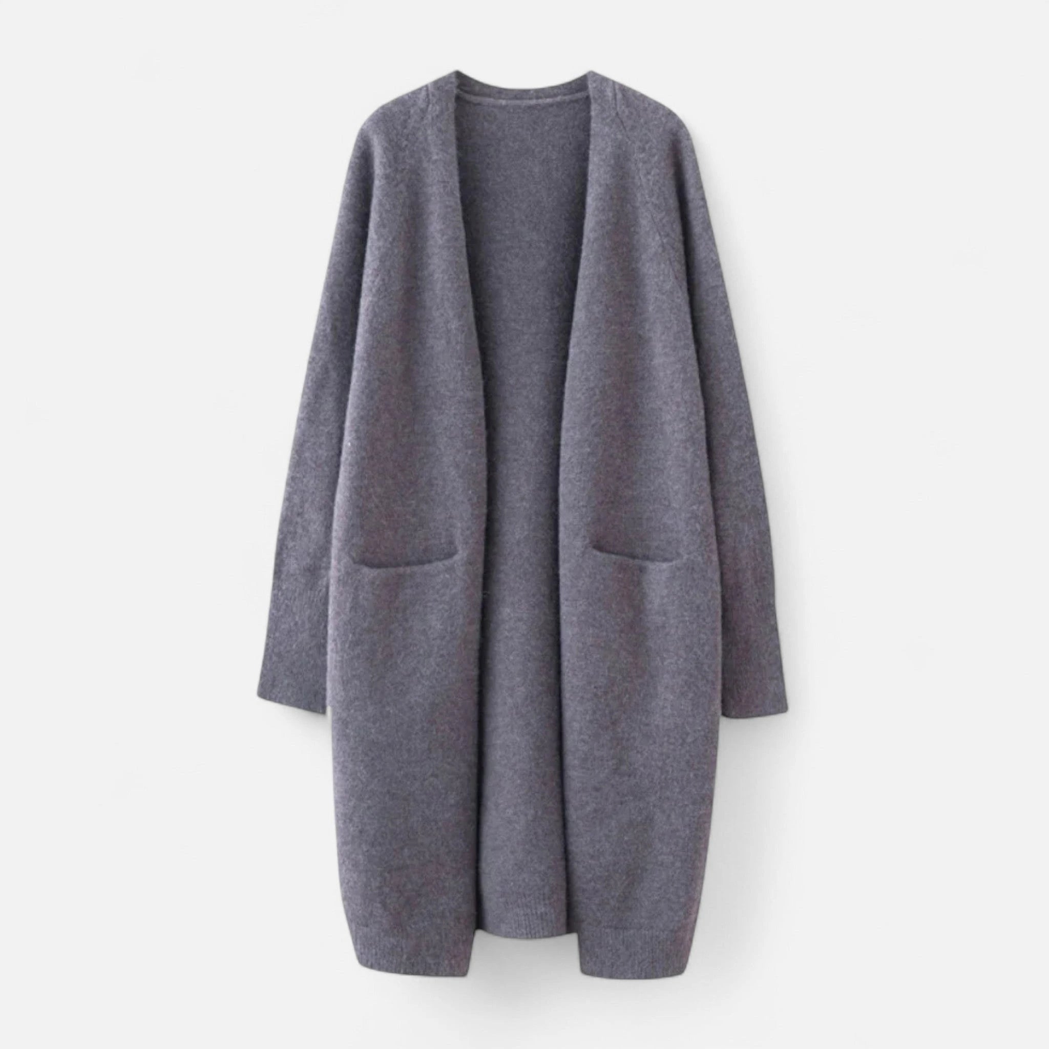 Grey long open-front cardigan flat lay