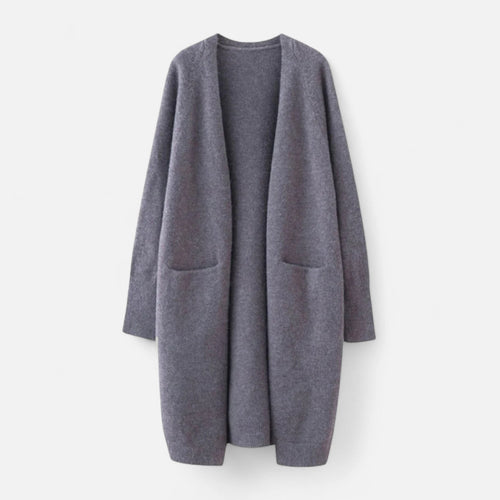 Grey long open-front cardigan flat lay
