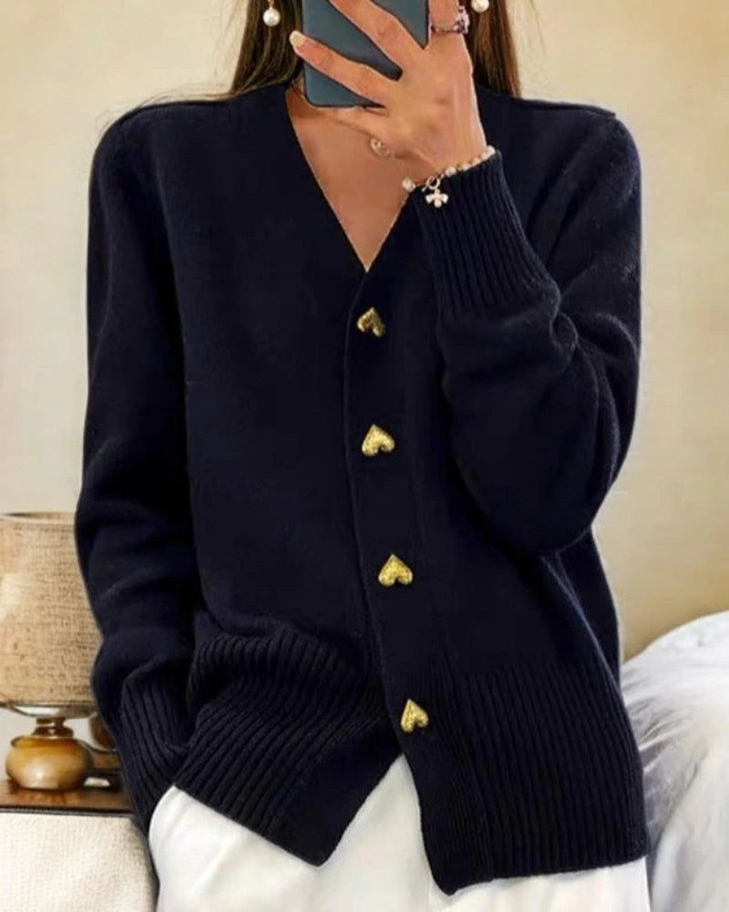 Driftly heart button cardigan in black, front view