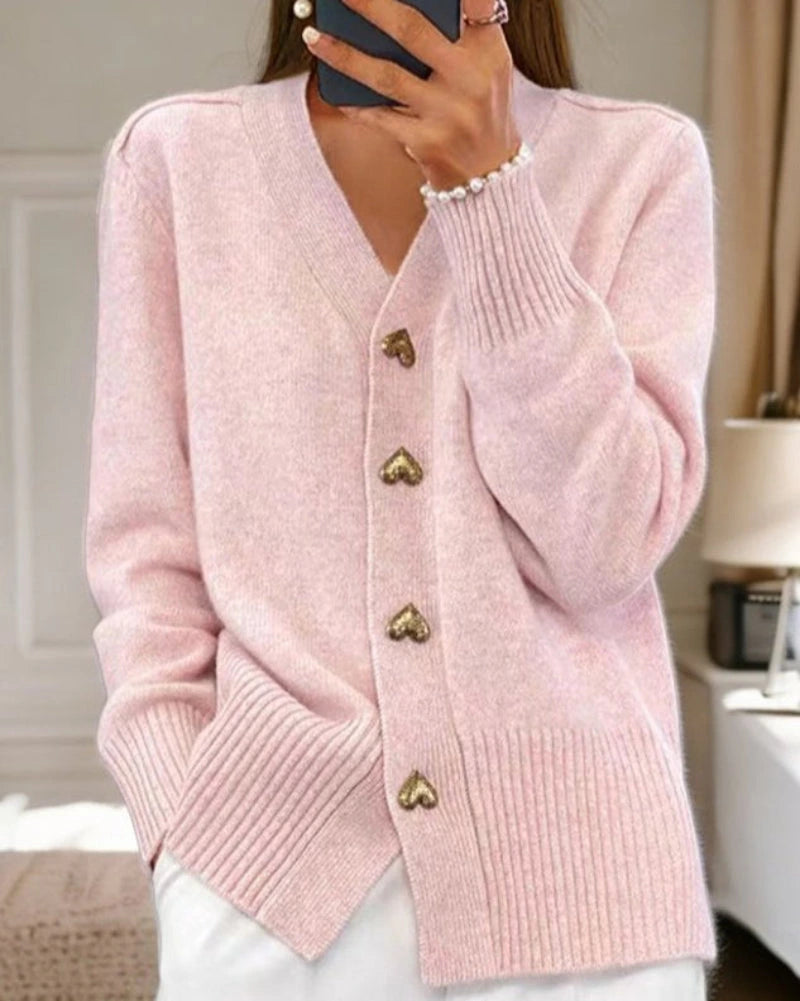 Driftly heart button cardigan in blush pink, front view