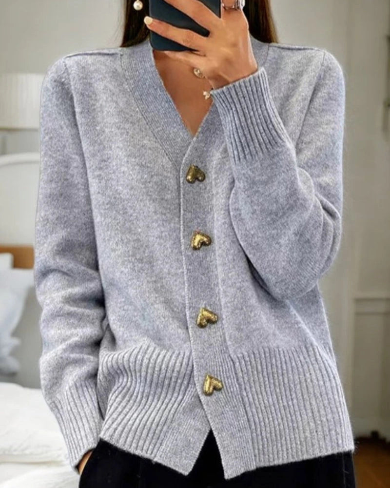 Driftly heart button cardigan in grey, front view