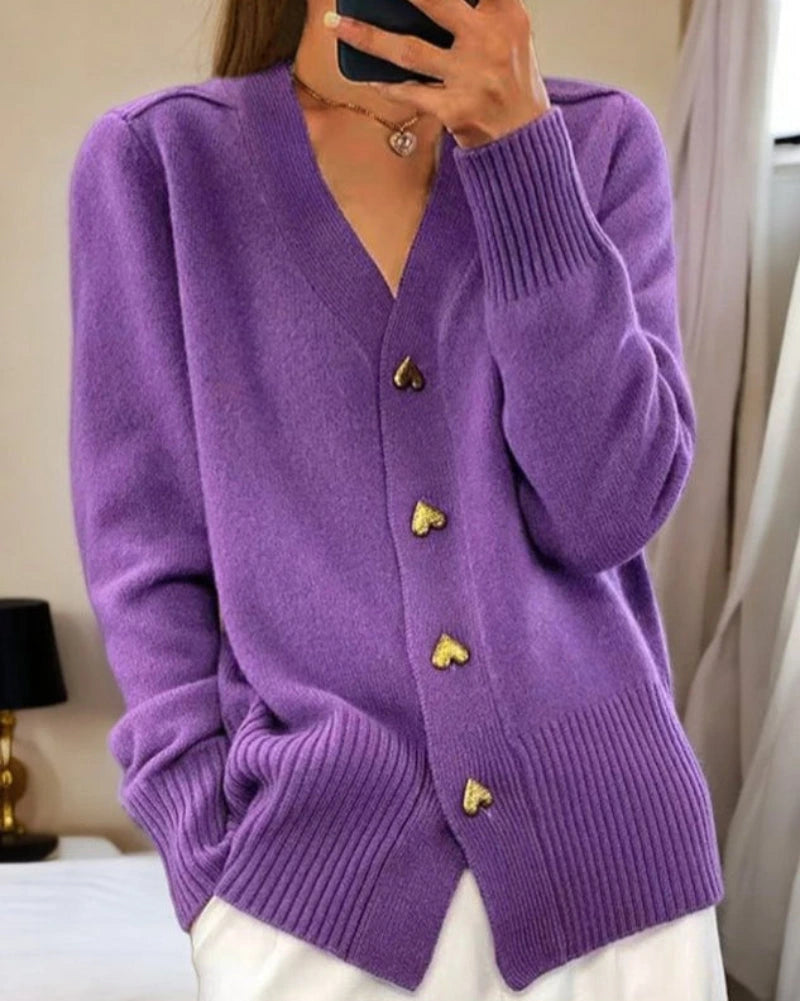 Driftly heart button cardigan in purple, front view