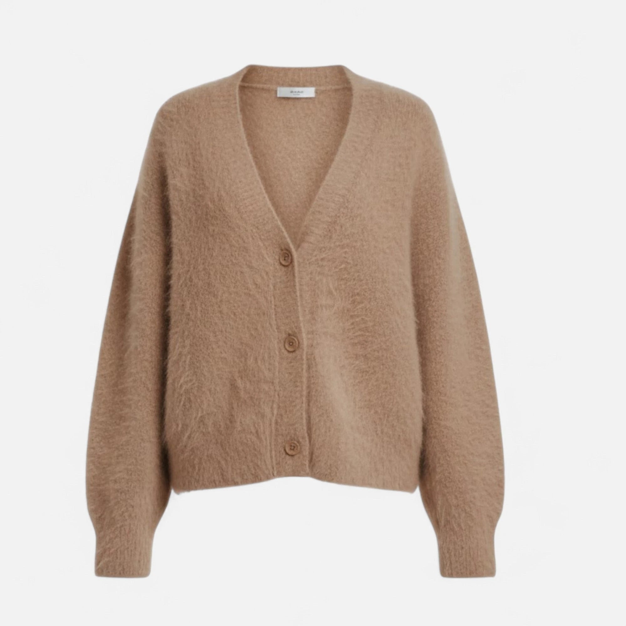 Khaki V-neck buttoned cardigan, flat lay