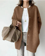 Driftly khaki wool mohair blend oversized cardigan on model