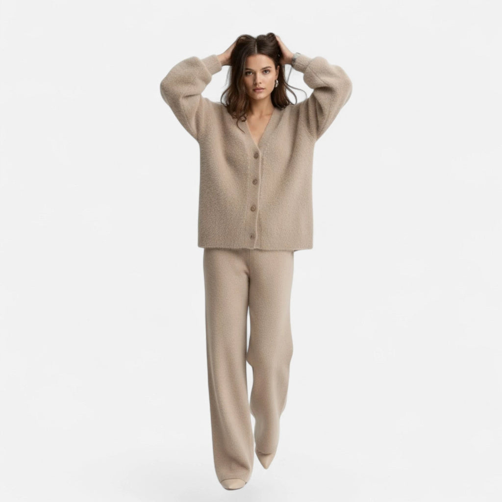 Khaki knit cardigan worn by model, full length