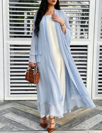 Light blue sheer chiffon open front long cardigan on model