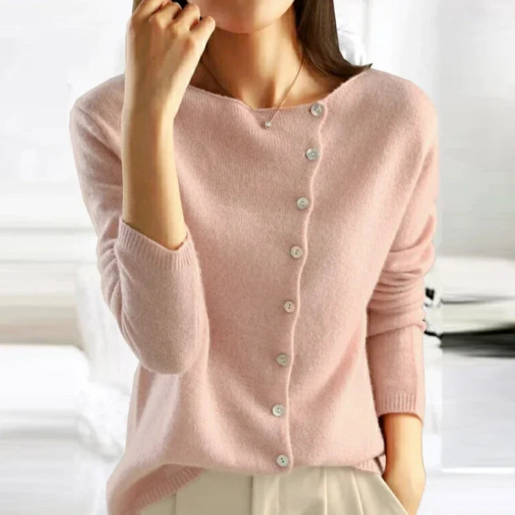 Light pink asymmetric button-front knit cardigan on model