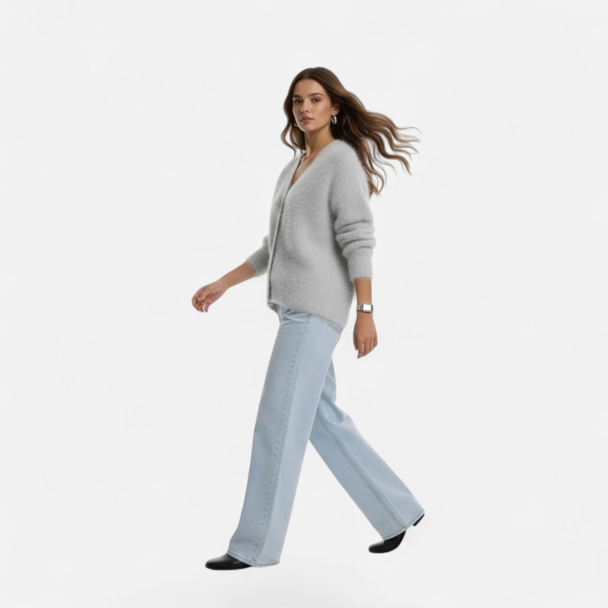 Light grey V-neck buttoned cardigan, flat lay