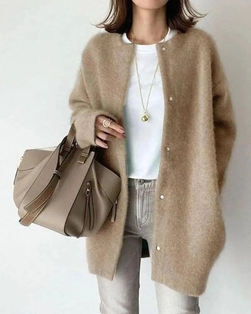 Driftly mocha wool mohair blend oversized cardigan on model