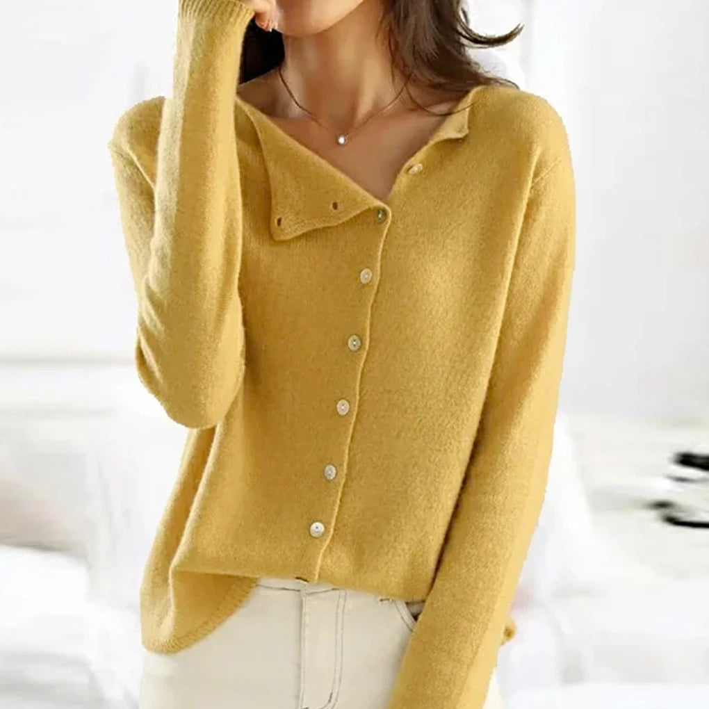 Mustard yellow asymmetric button-front knit cardigan on model