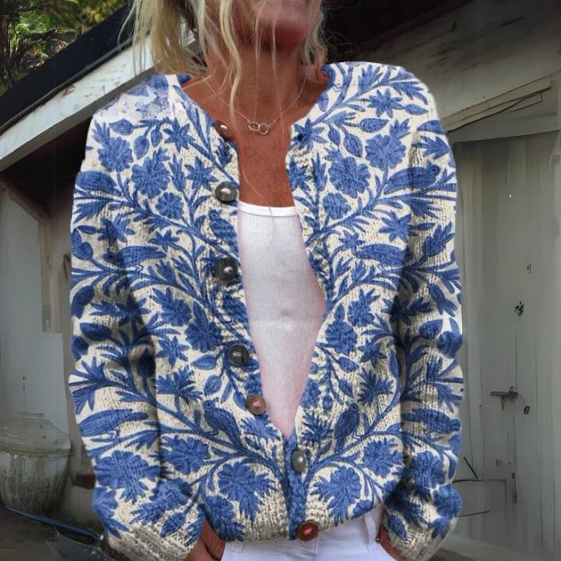 Driftly printed button cardigan in blue, front view