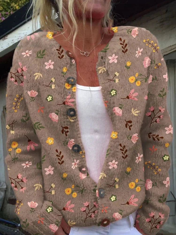 Driftly printed button cardigan in brown, front view